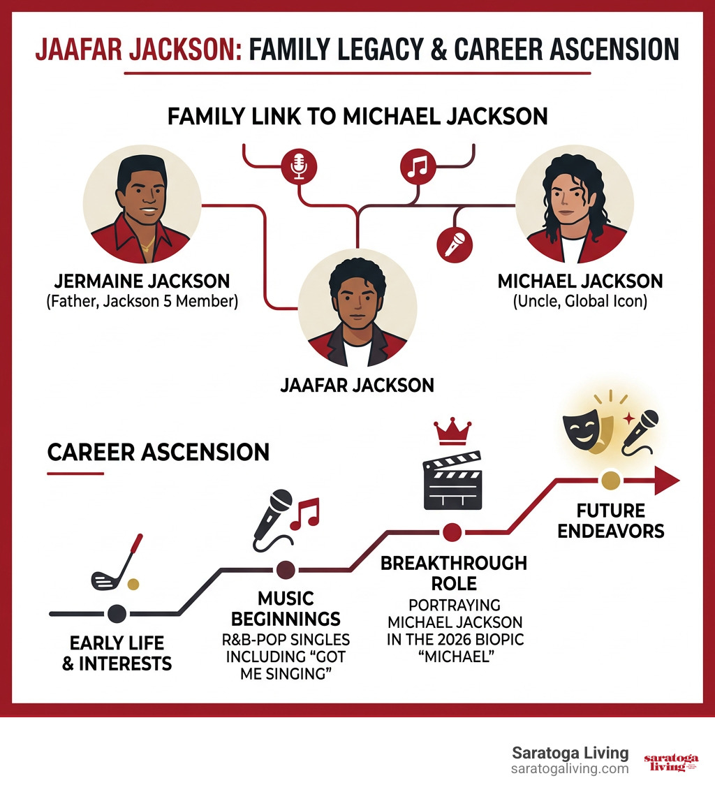 Infographic showing Jaafar Jackson's family link to Michael and career rise infographic