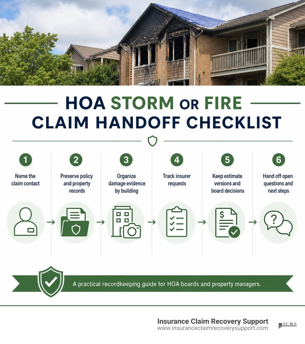 HOA storm or fire claim handoff checklist covering contacts, policy records, damage evidence, insurer requests, estimates and open questions. HOA storm or fire claim handoff checklist covering contacts, policy records, damage evidence, insurer requests, estimates and open questions.