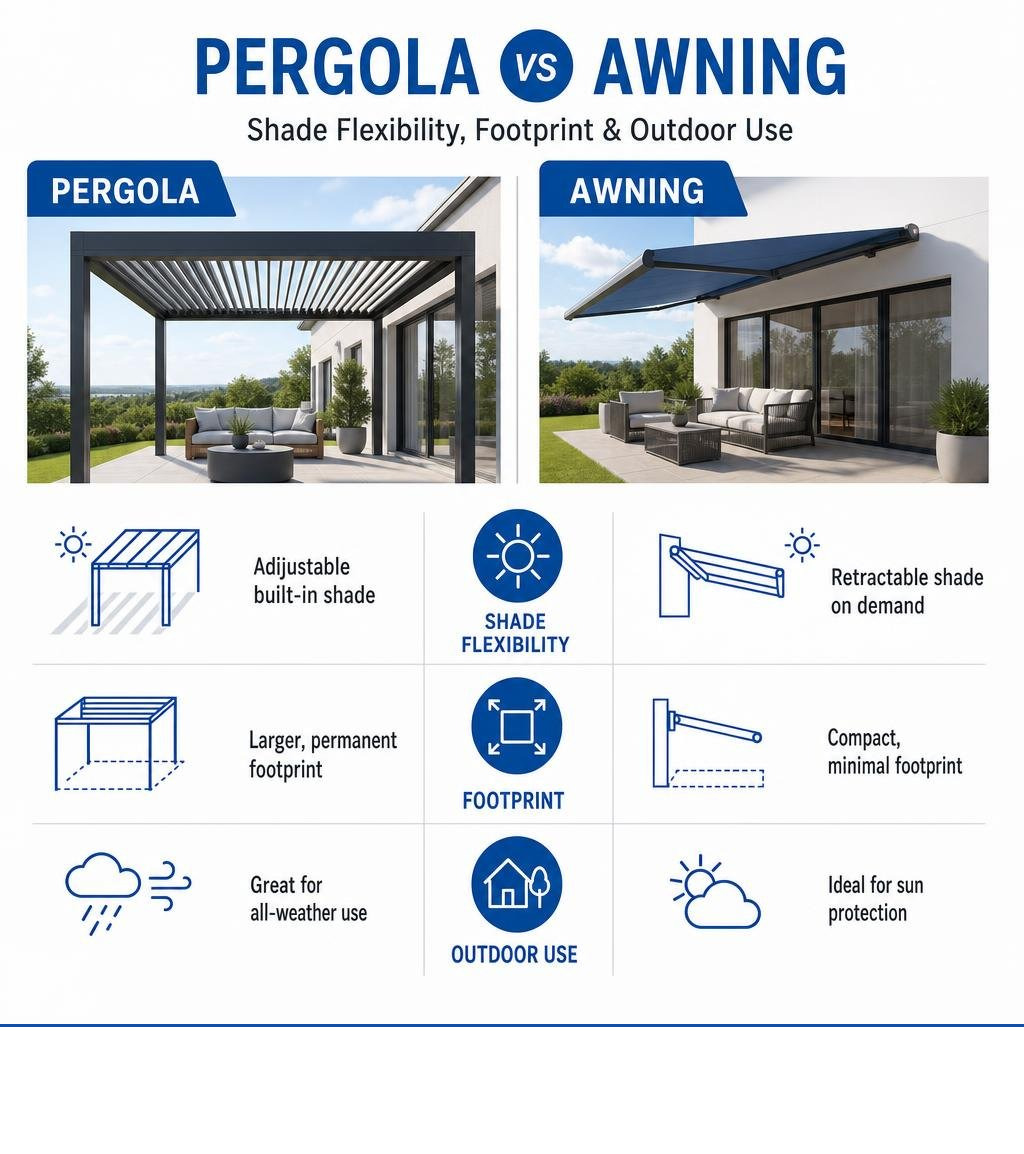 Pergola vs awning comparison for shade flexibility, footprint and outdoor use infographic