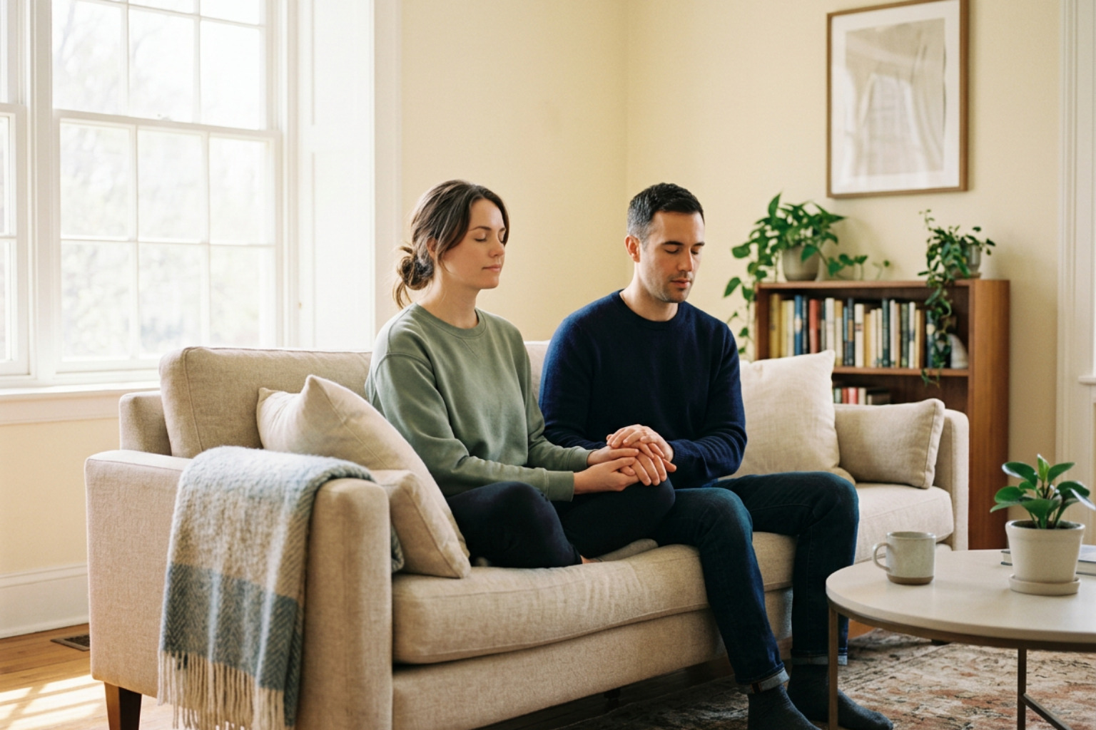 Couple practicing calm grounding techniques during a moment of distress