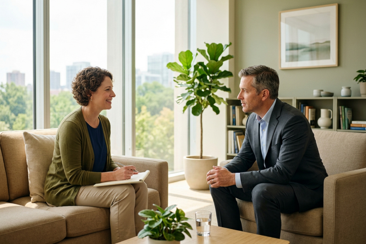 Supportive therapist working with a professional leader in a modern sunlit space