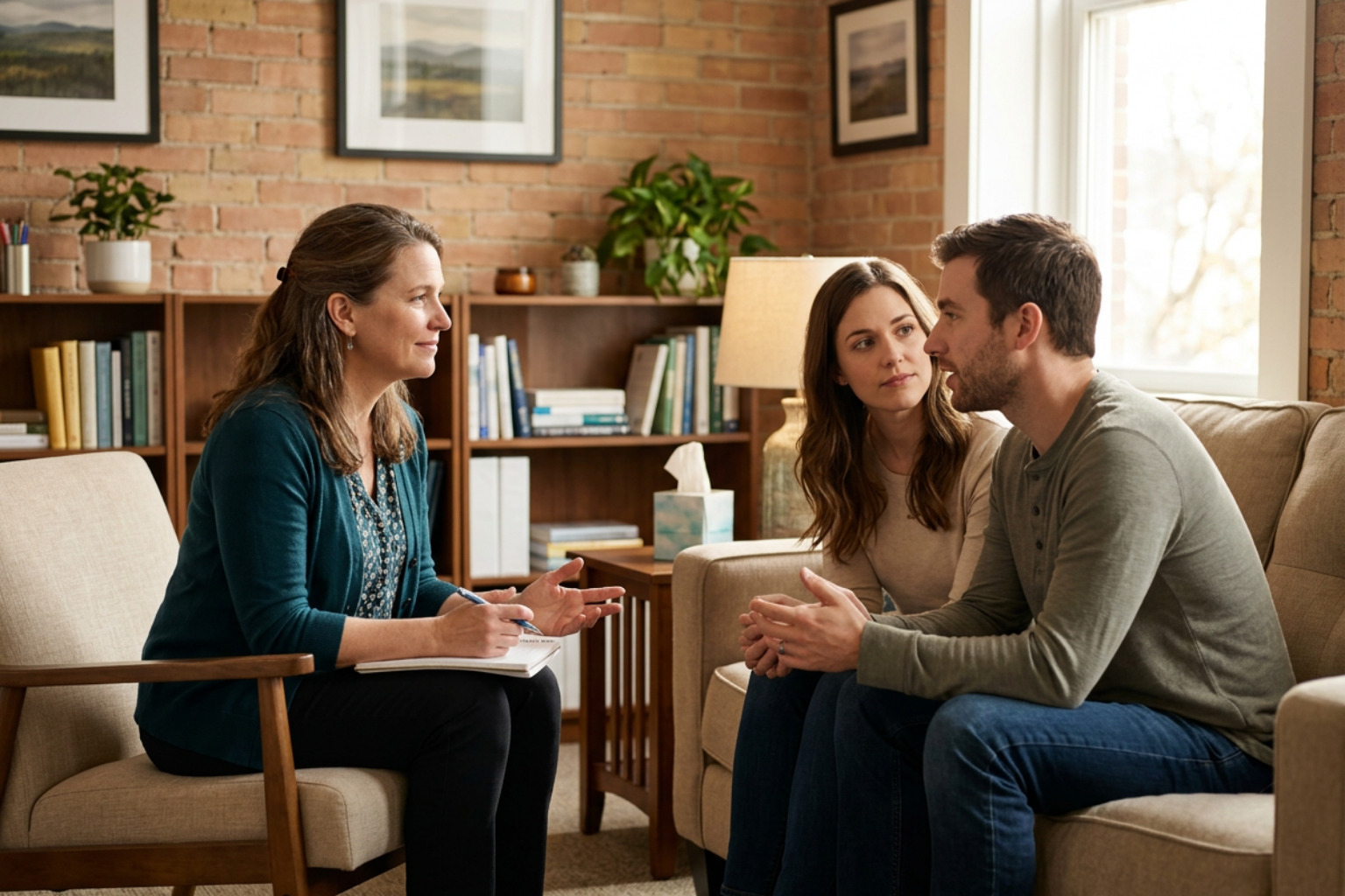 Therapist guiding partners through relational dialogue