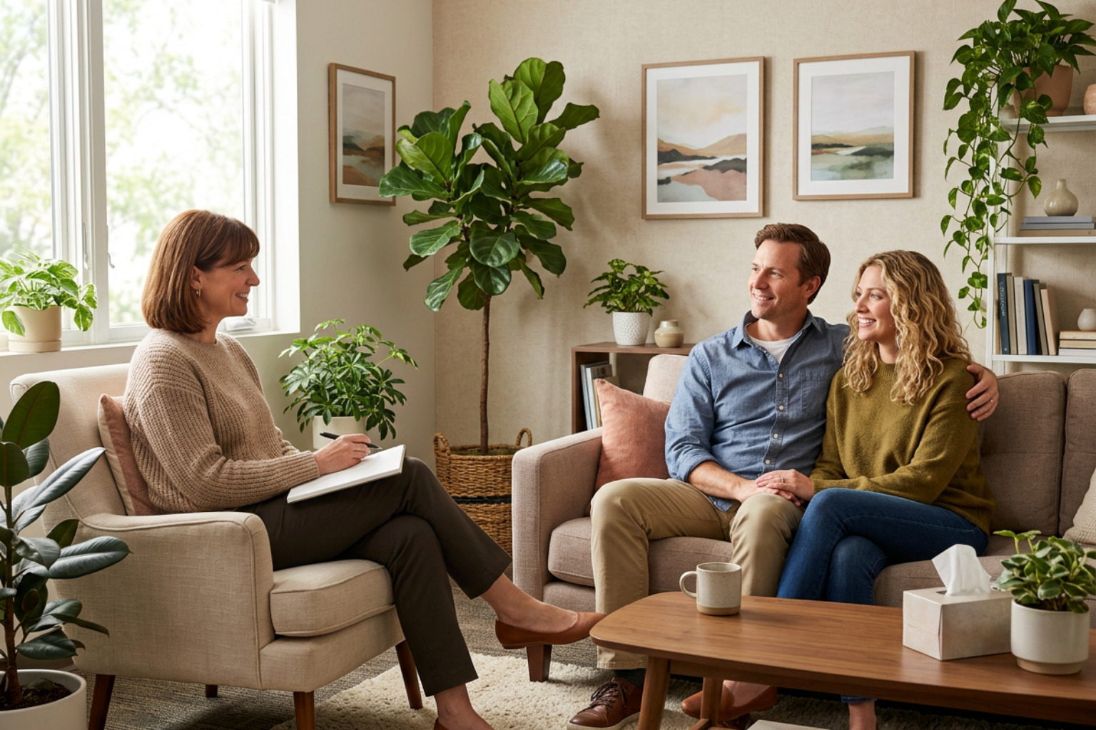 Therapist guiding a couple in a comfortable office setting Therapist guiding a couple in a comfortable office setting