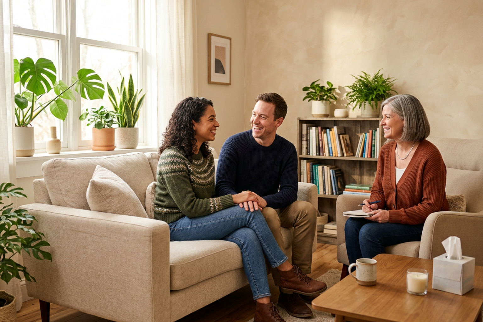 Warm, brightly lit session of an engaged couple smiling and talking with their supportive counselor