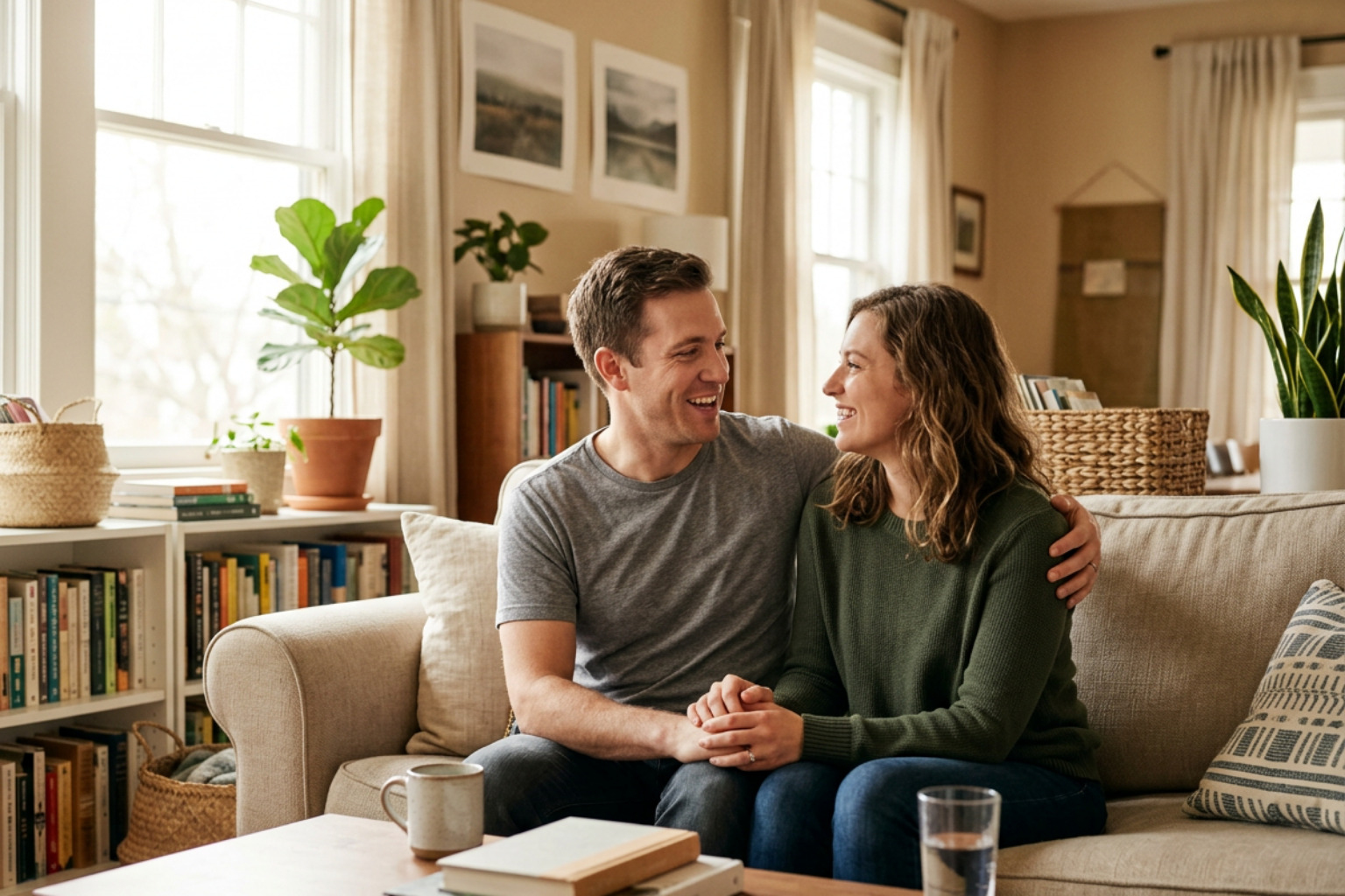 A happy couple having an open, loving conversation in a sunlit living room