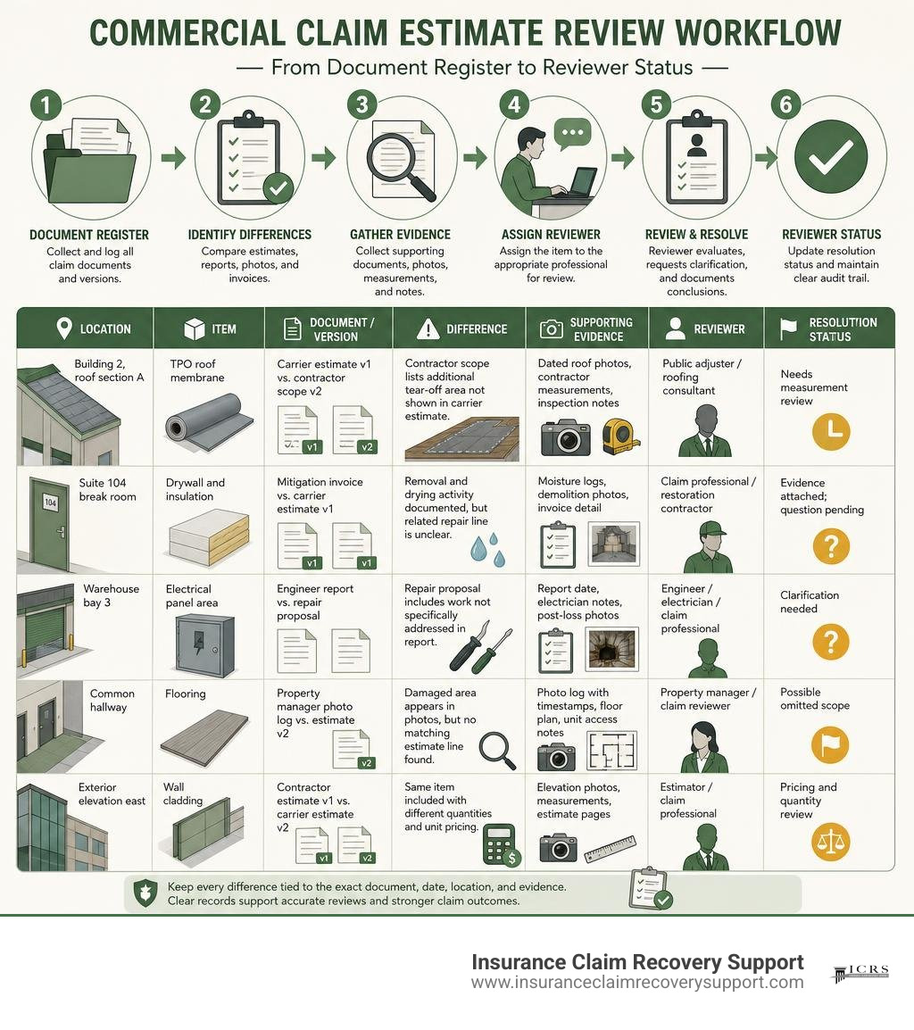 Infographic of a commercial claim estimate review workflow from document register to reviewer status infographic Infographic of a commercial claim estimate review workflow from document register to reviewer status infographic