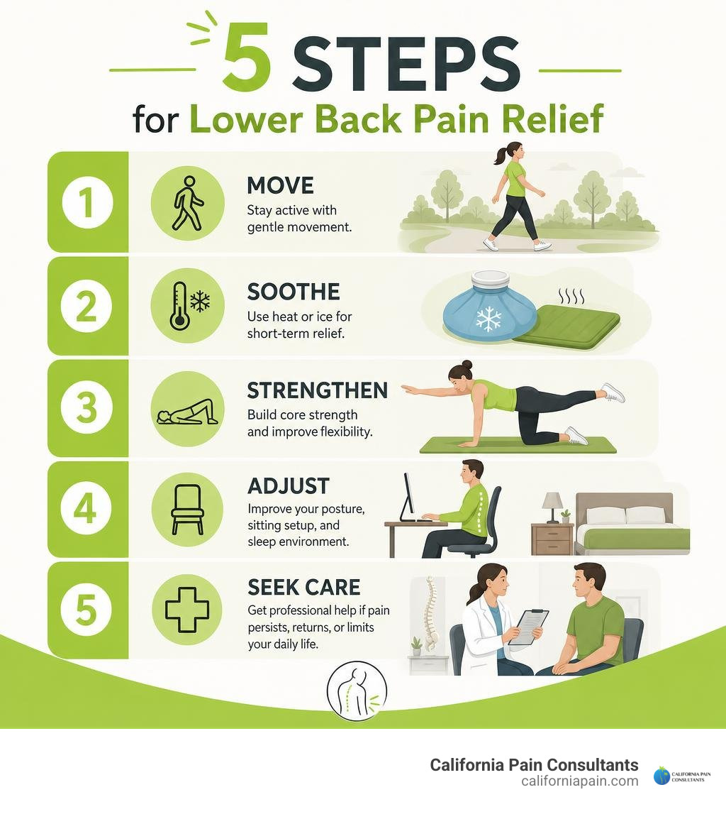Five steps for lower back pain relief: move, soothe, strengthen, adjust, seek care infographic
