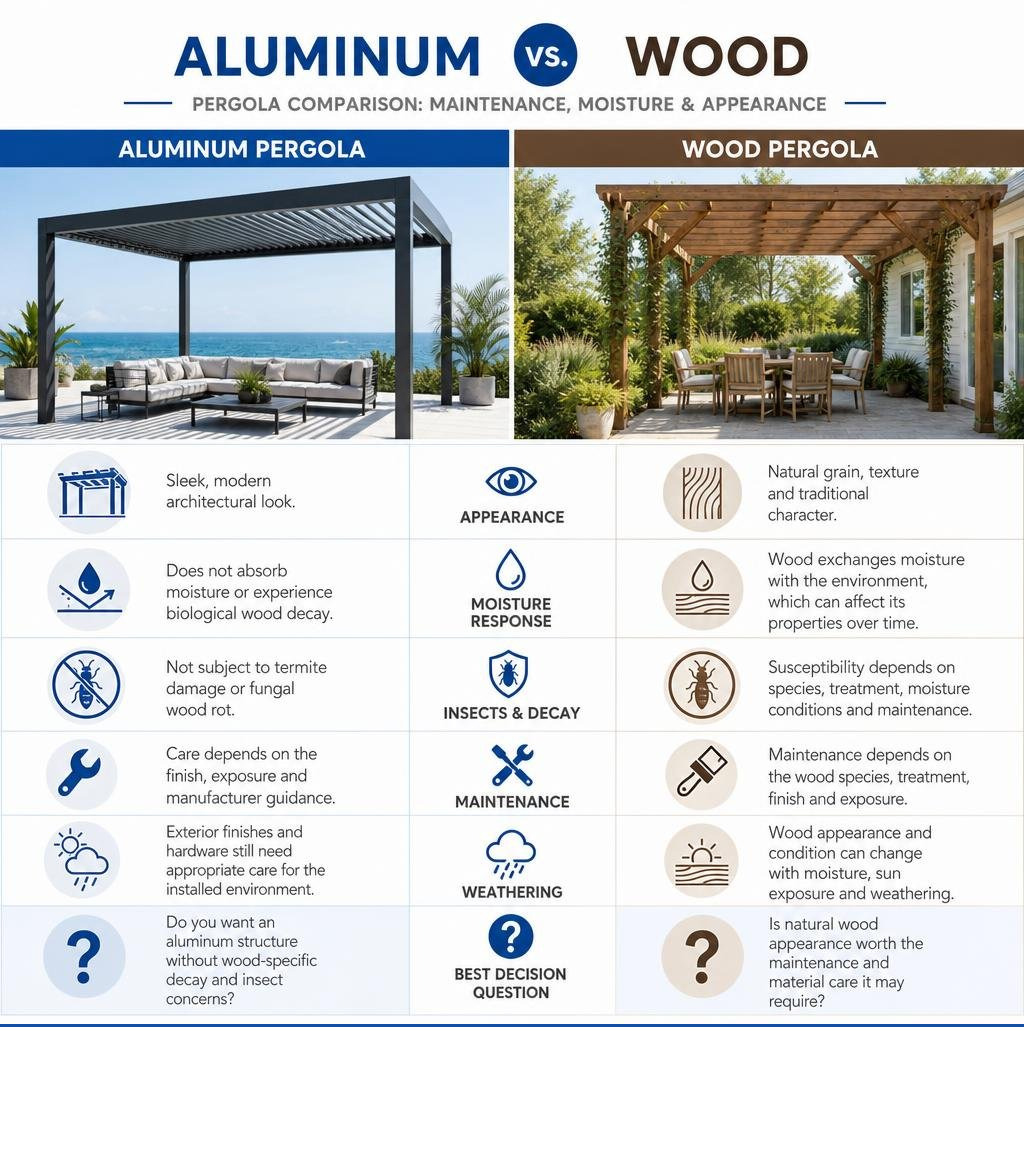 Aluminum vs wood pergola comparison Aluminum vs wood pergola comparison for maintenance, moisture and appearance