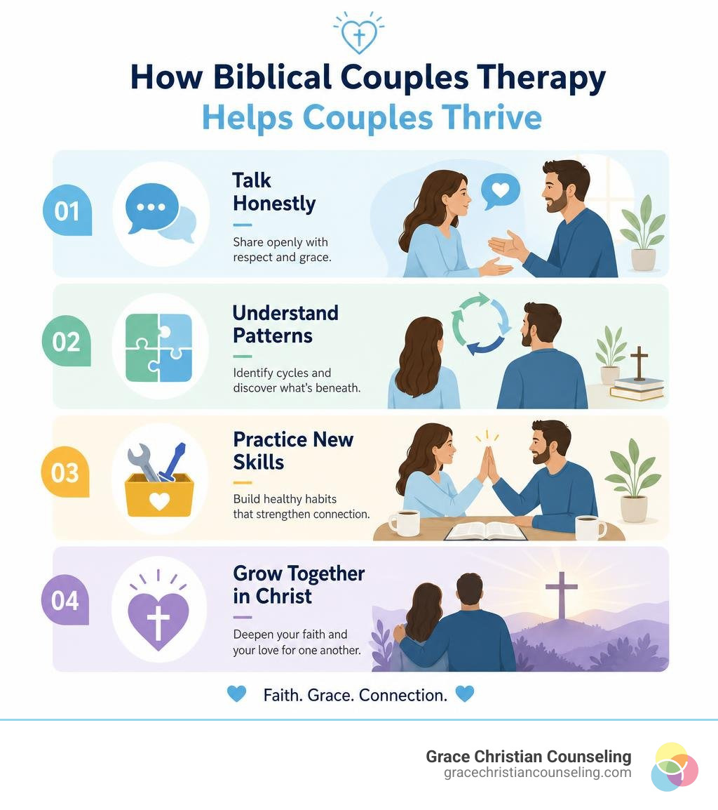 Simple four-step infographic showing how biblical couples therapy helps couples talk honestly, understand patterns, practice