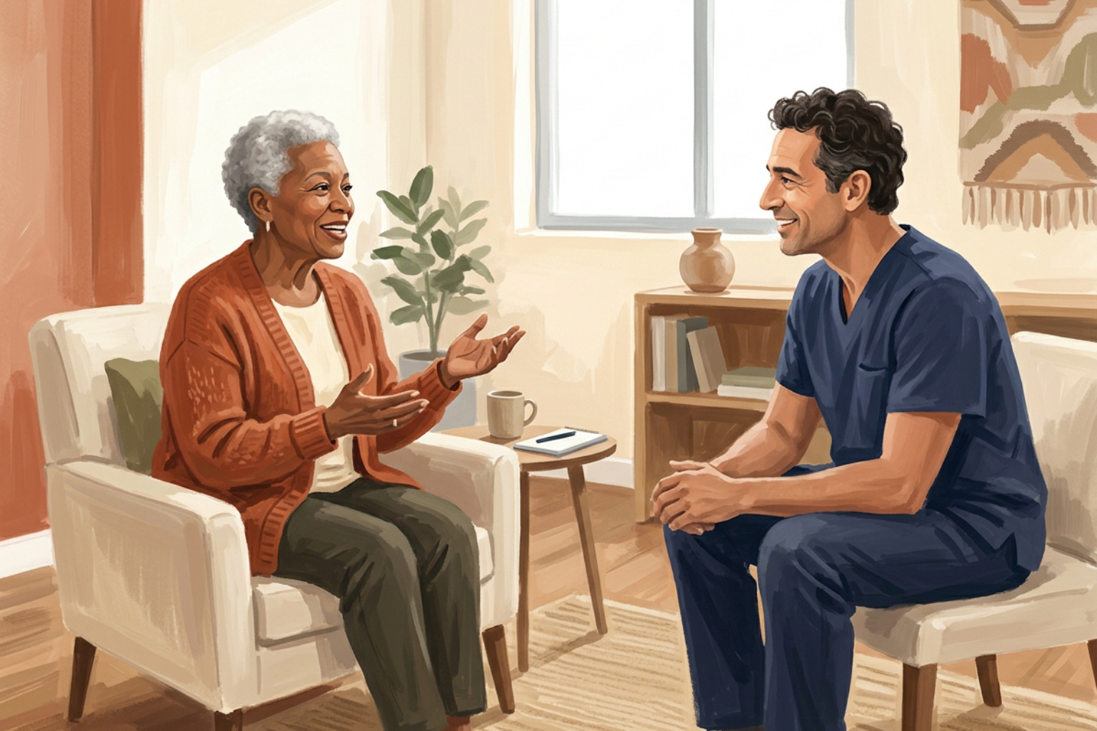 A confident older adult talking with a healthcare clinician in a bright room Older woman talking with a smiling clinician in scrubs in a bright room