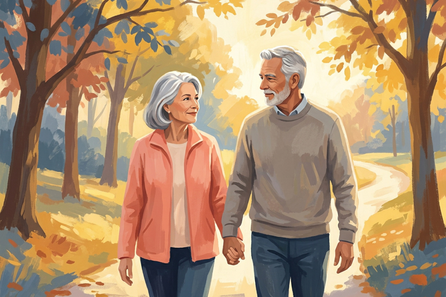 Illustration of an older couple walking hand in hand through an autumn park