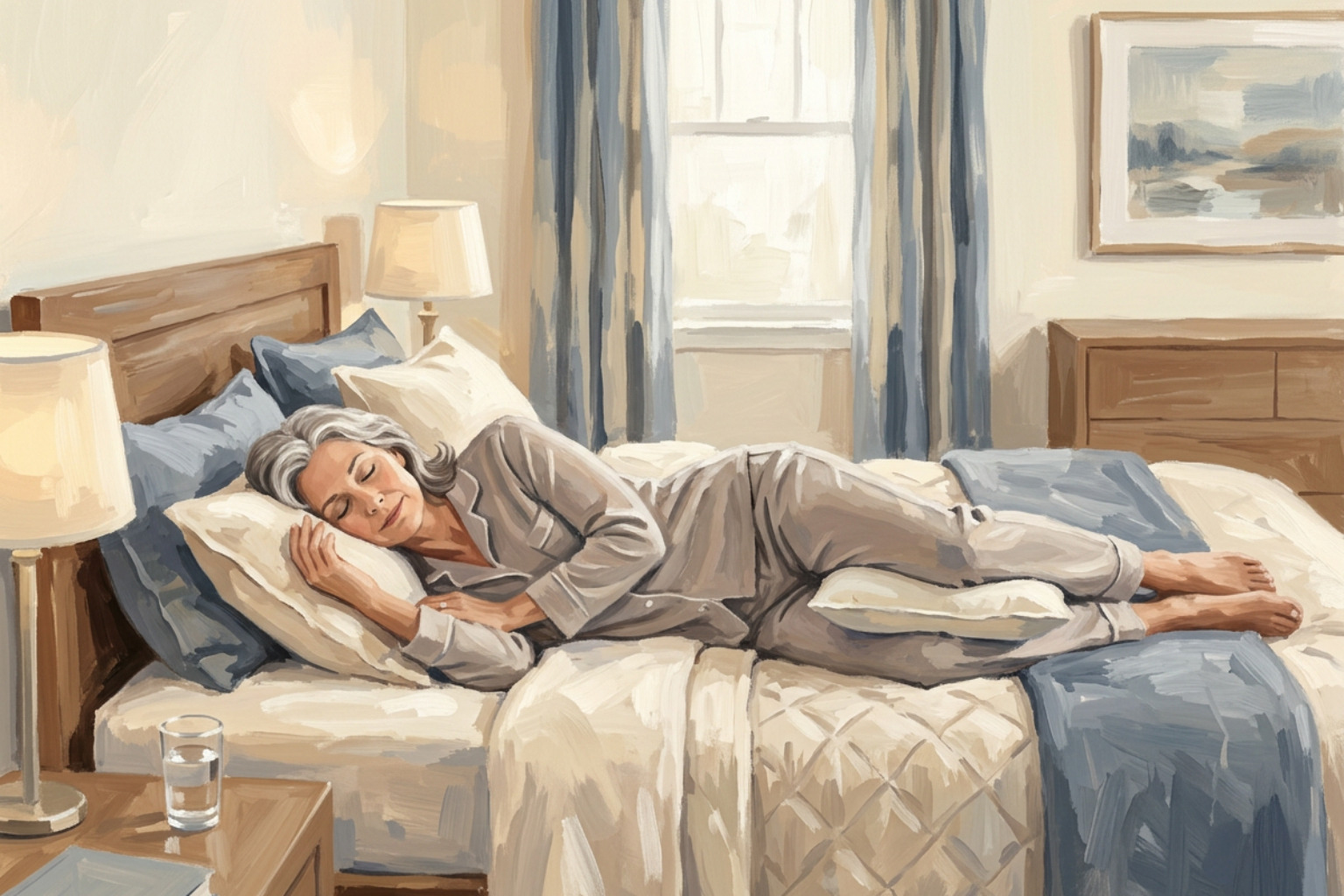 Illustration of a woman sleeping on her side with knees bent and a pillow between her legs Illustration of a woman sleeping on her side with knees bent and a pillow between her legs