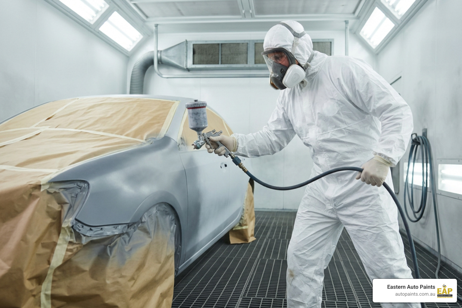 professional technician spraying 2K urethane primer sealer spray pattern