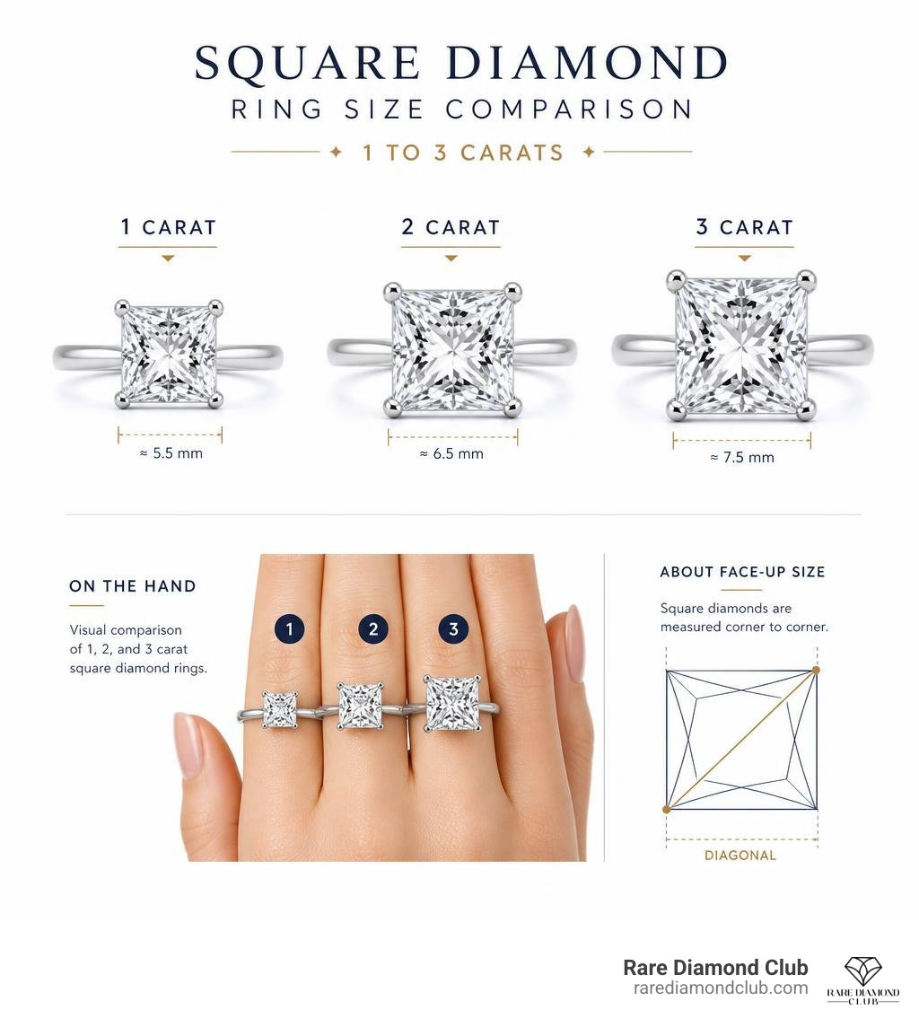 Square diamond ring size comparison from 1 to 3 carats infographic