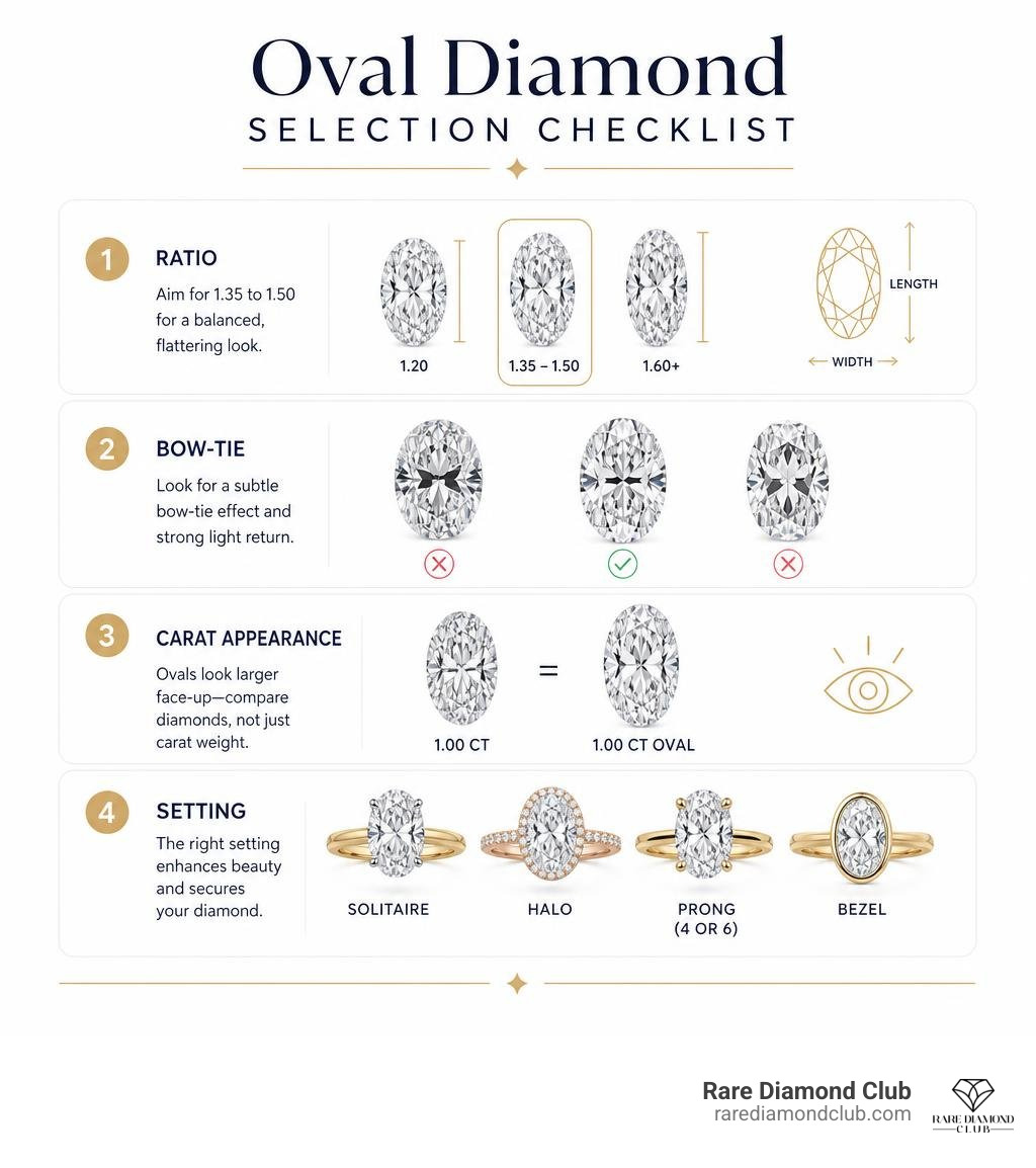 Oval diamond selection checklist: ratio, bow-tie, carat appearance, and setting infographic
