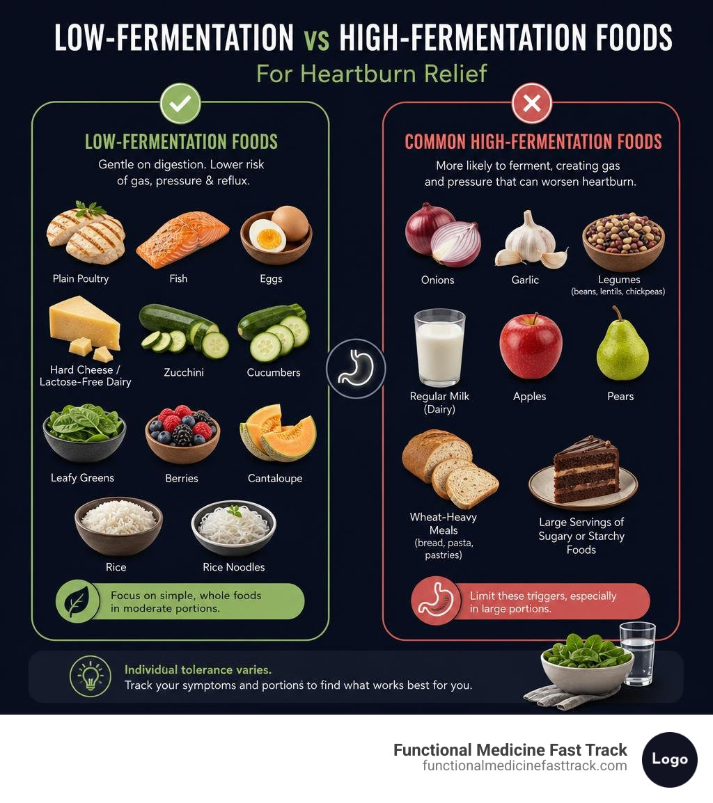 Low-fermentation foods and common high-fermentation foods for heartburn relief infographic