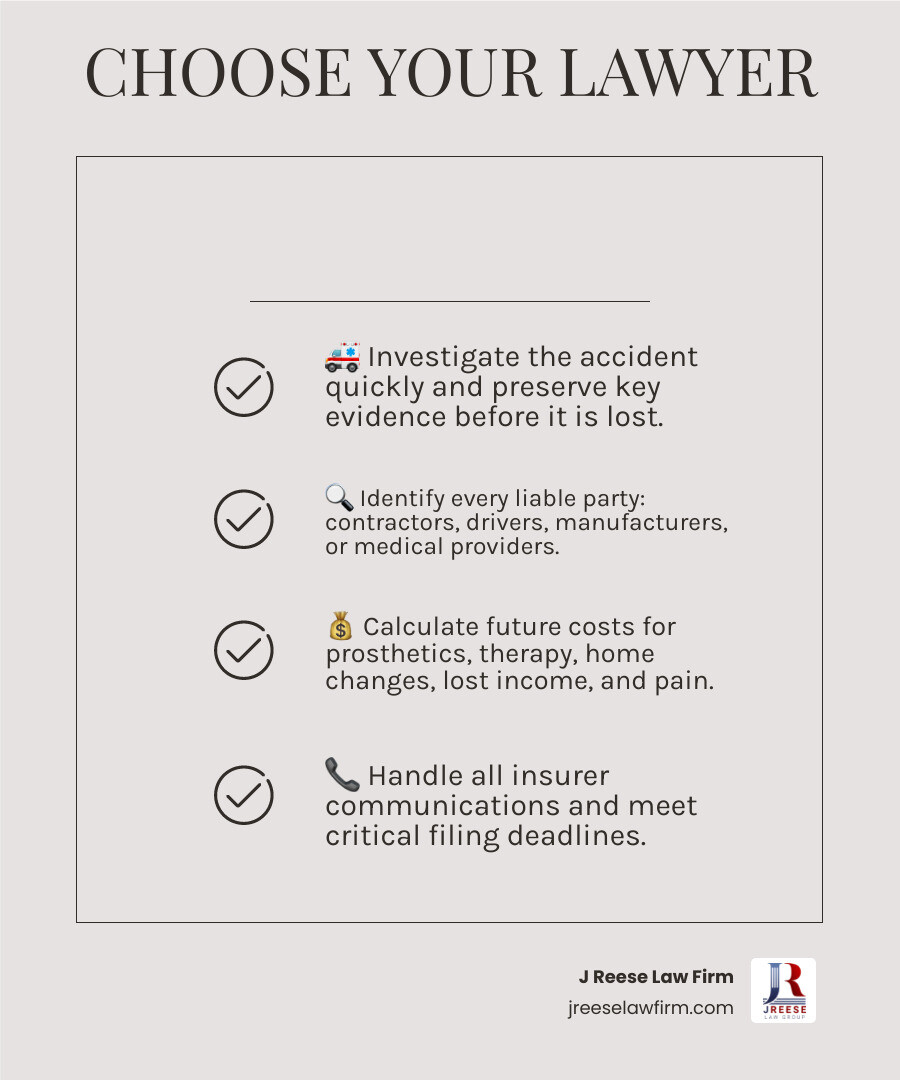 amputation claim steps: care, evidence, liability, damages, legal action infographic amputation claim steps: care, evidence, liability, damages, legal action infographic