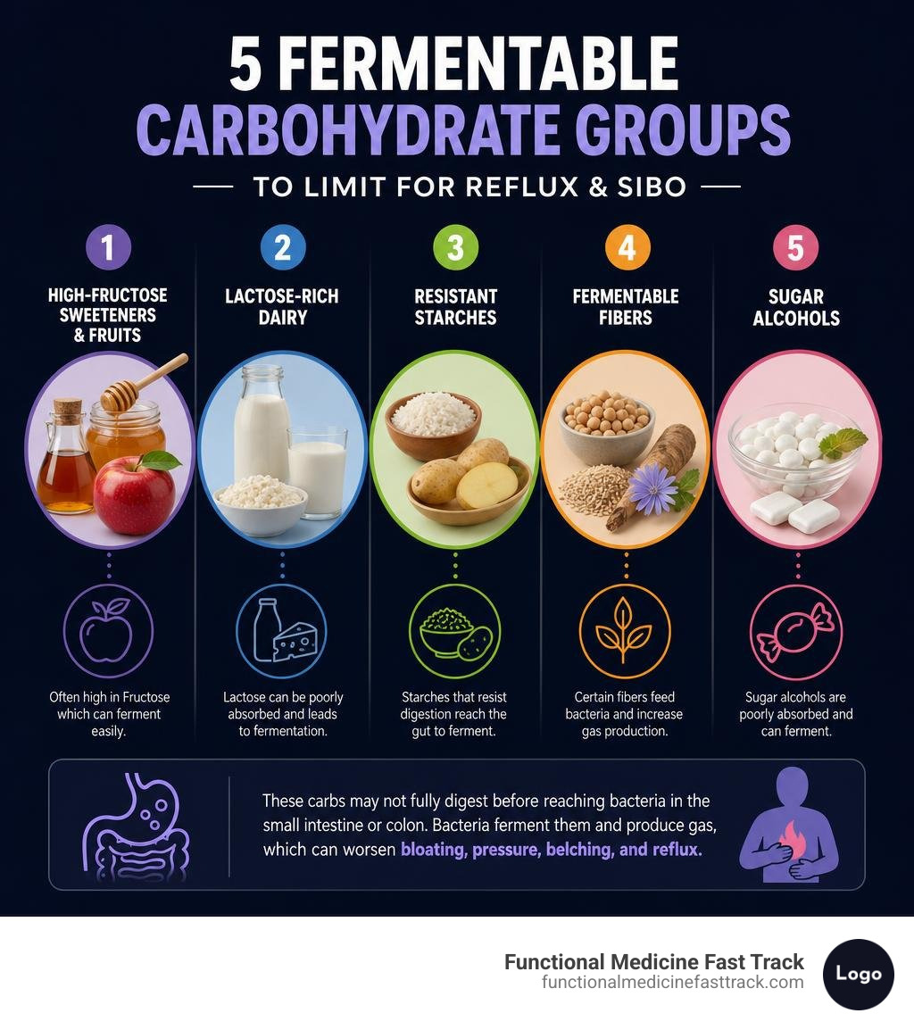 Infographic showing five fermentable carbohydrate groups to limit for reflux and SIBO infographic