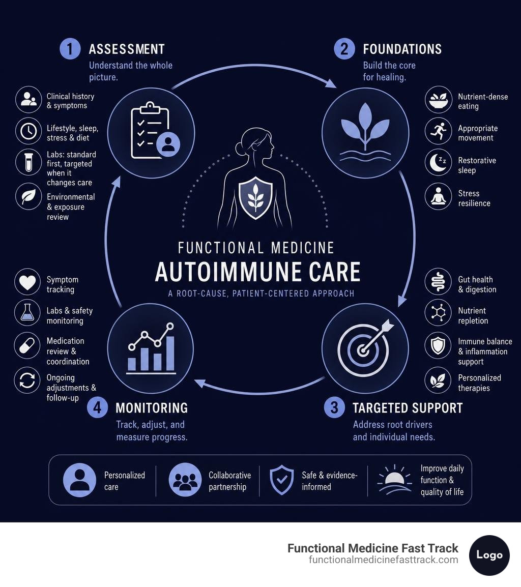 Functional medicine autoimmune care assessment, foundations, targeted support, and monitoring infographic