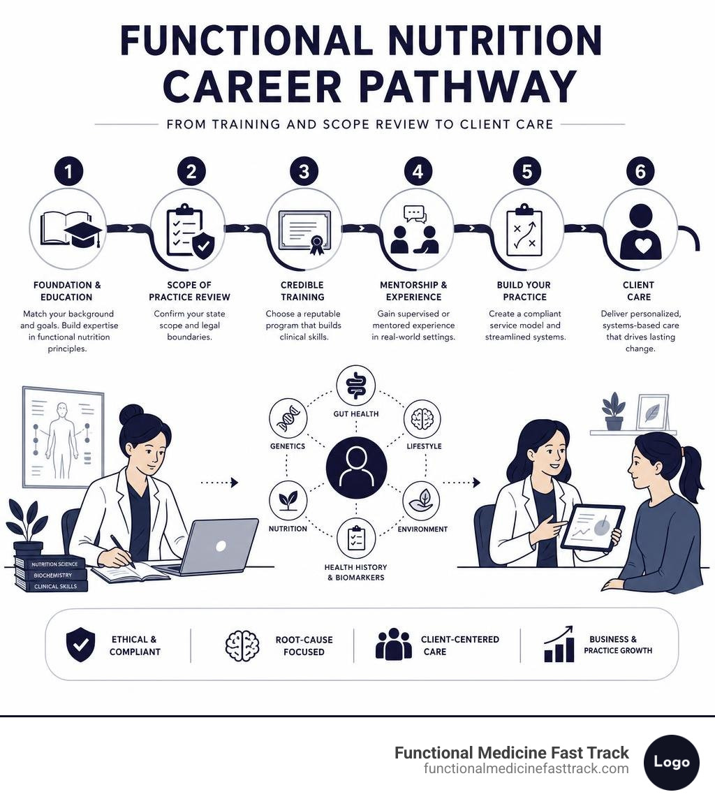 Functional nutrition career pathway from training and scope review to client care infographic