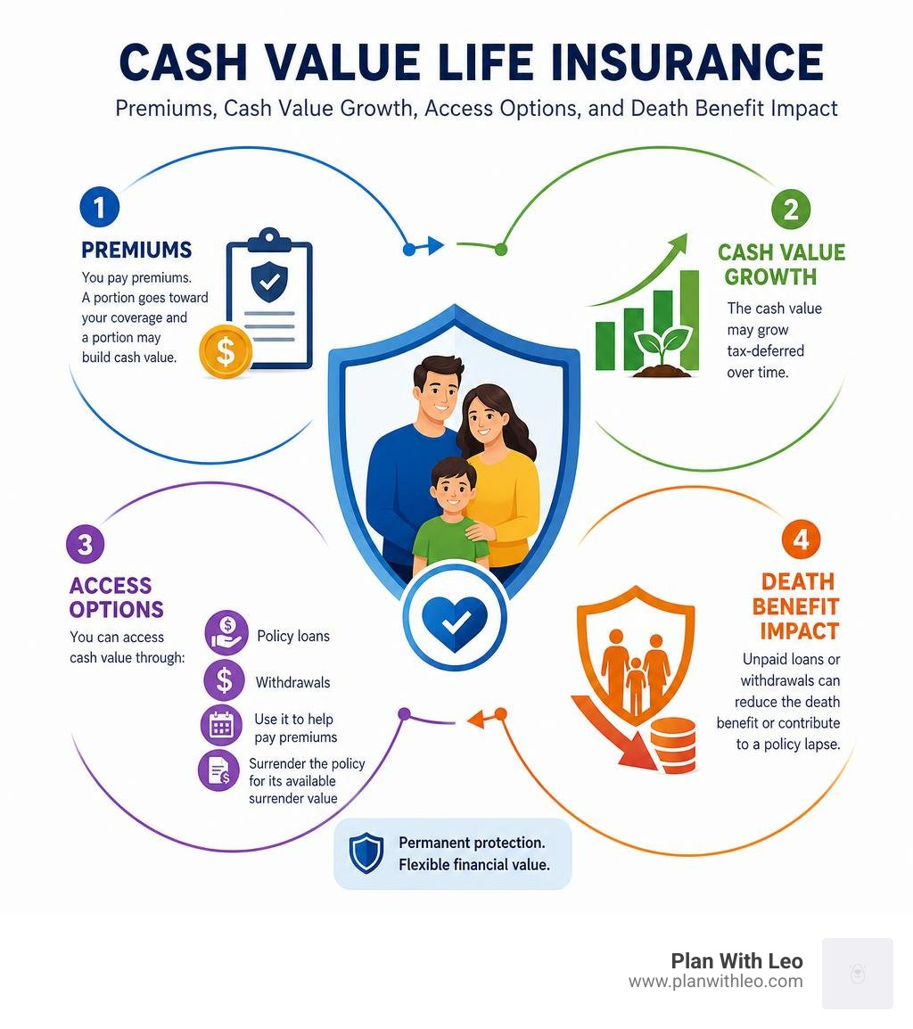 Cash value life insurance: premiums, cash value growth, access options, and death benefit impact infographic