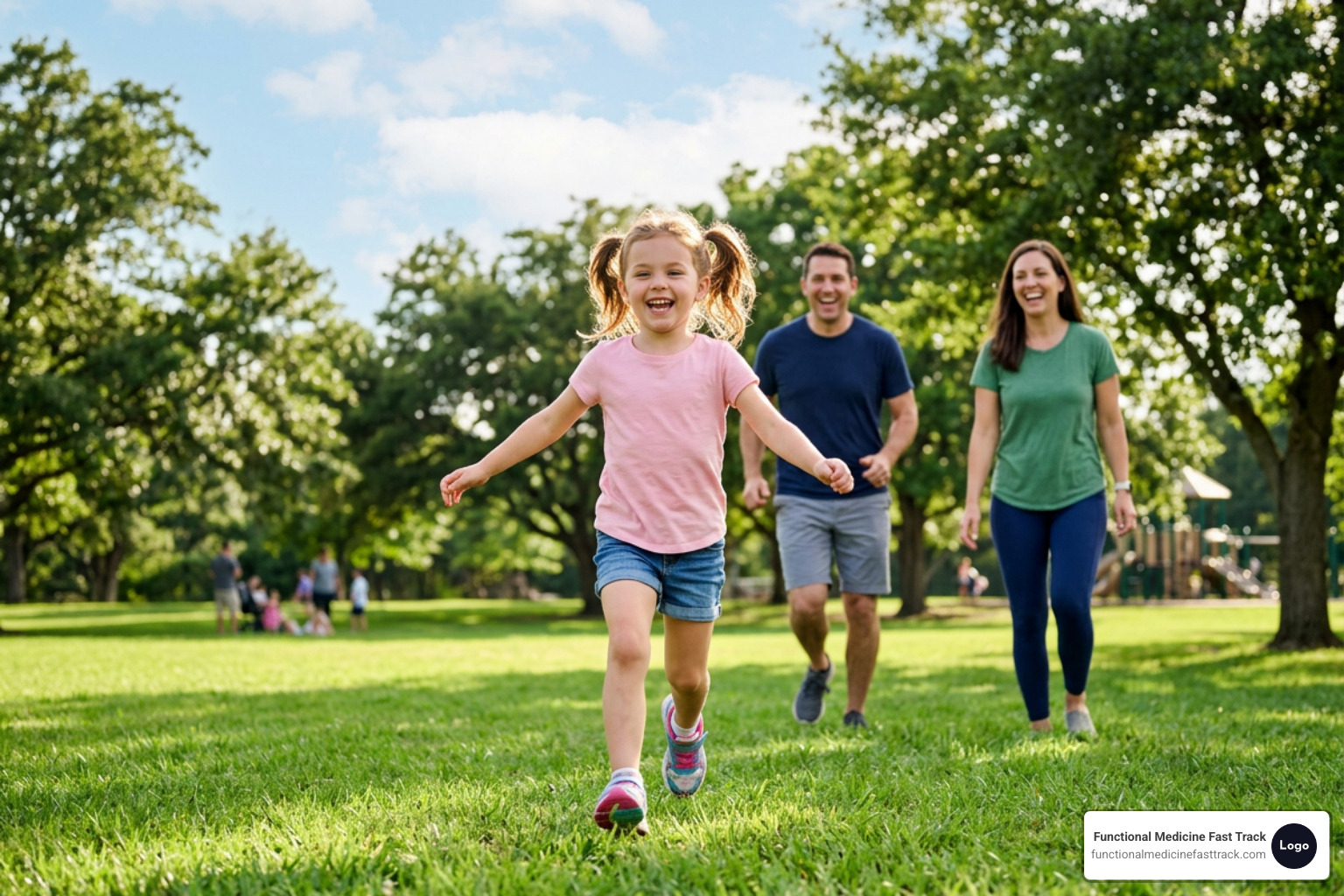 thriving child playing outdoors with energetic parents