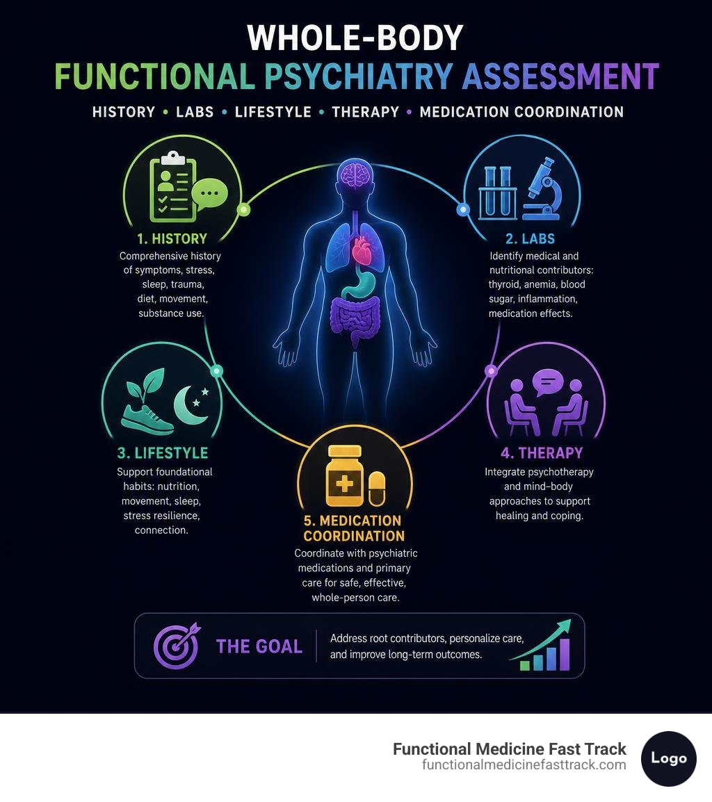 Whole-body functional psychiatry assessment: history, labs, lifestyle, therapy, medication coordination infographic Whole-body functional psychiatry assessment: history, labs, lifestyle, therapy, medication coordination infographic