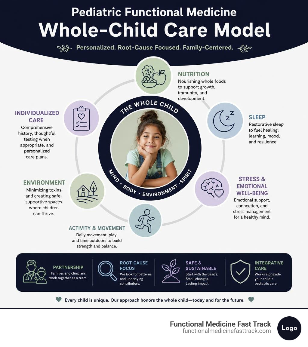 Pediatric functional medicine whole-child care model infographic