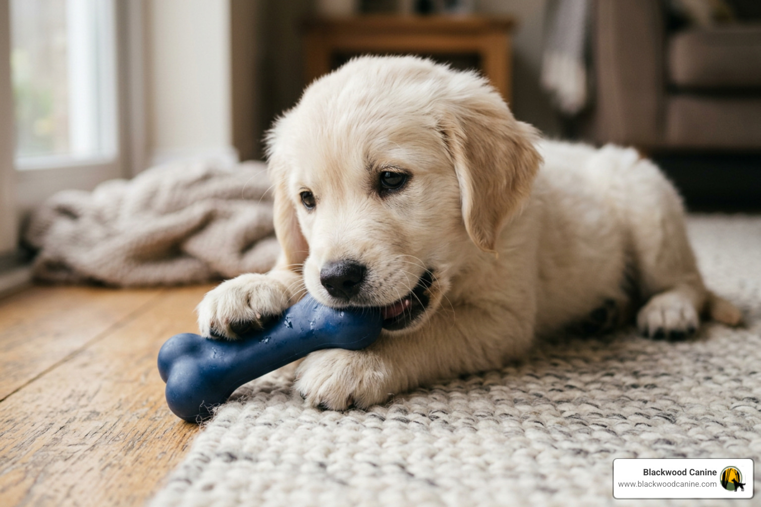 Teething puppy gnawing on an approved rubber chew toy Teething puppy gnawing on an approved rubber chew toy