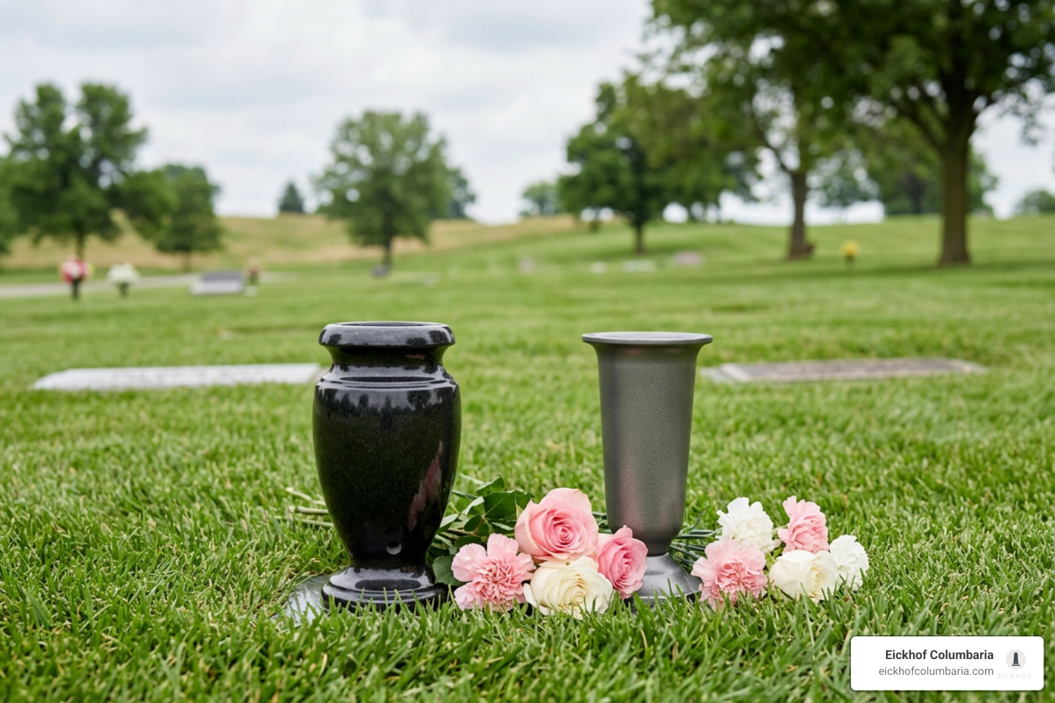 granite and metal cemetery vases