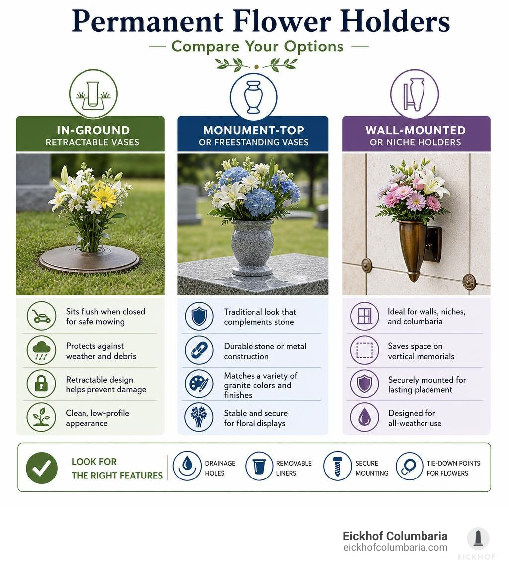 Comparison of in-ground, monument-top, and wall-mounted permanent flower holders infographic