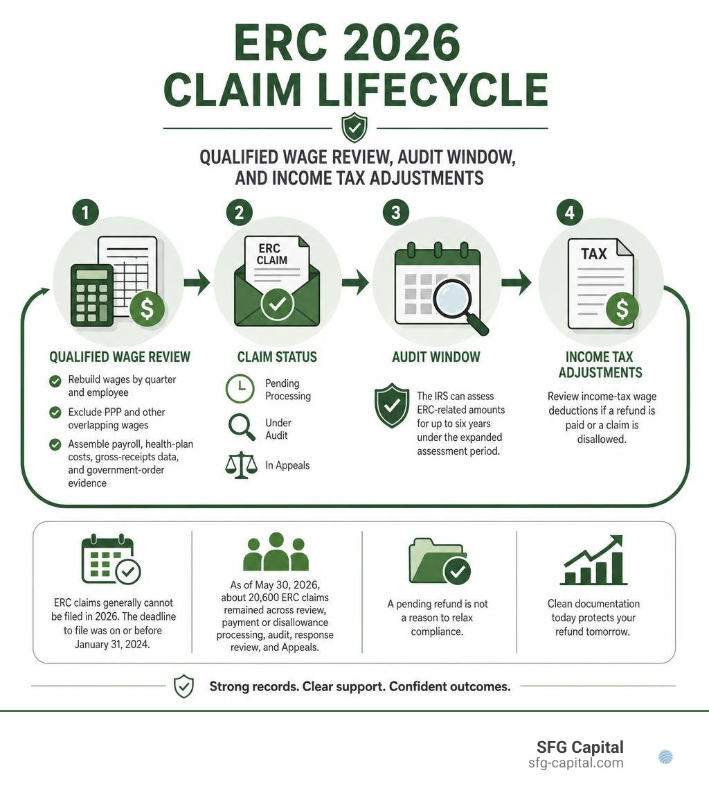 ERC 2026 claim lifecycle, qualified wage review, audit window, and income tax adjustments infographic ERC 2026 claim lifecycle, qualified wage review, audit window, and income tax adjustments infographic
