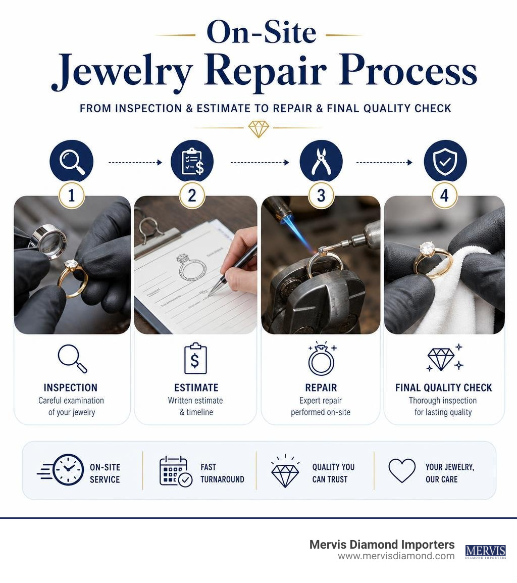 On-site jewelry repair process from inspection and estimate to repair and final quality check infographic On-site jewelry repair process from inspection and estimate to repair and final quality check infographic