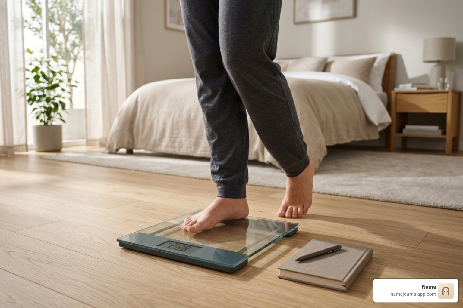 Healthy morning routine setup with scale and journal Healthy morning routine setup with scale and journal