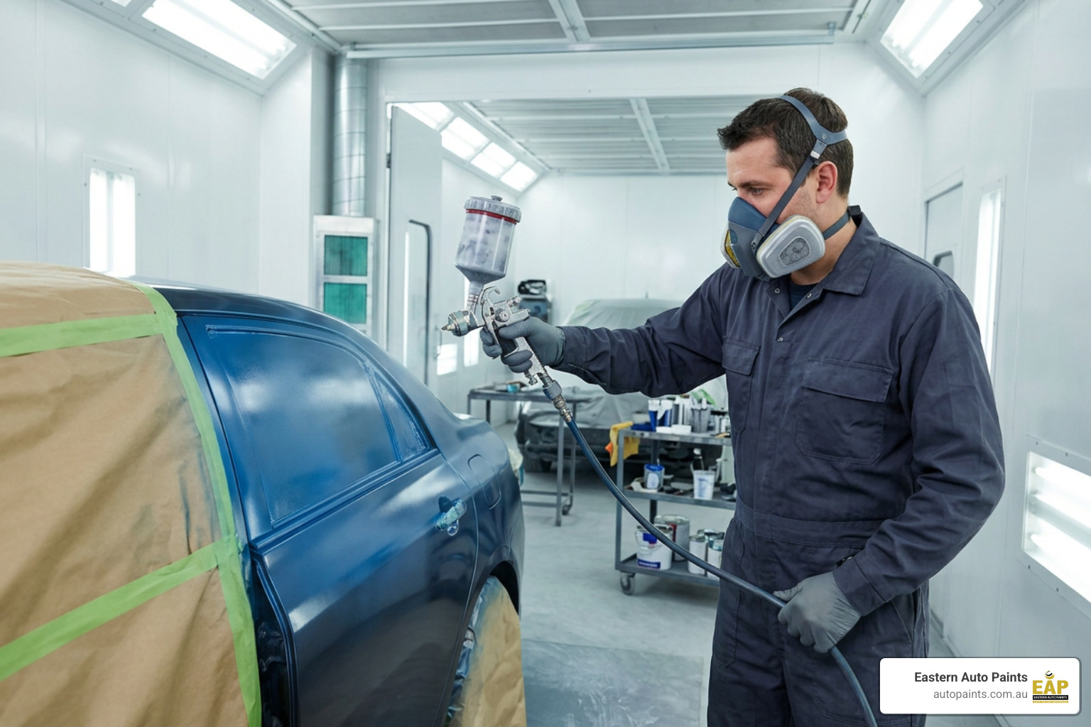 Spray gun applying uniform acrylic enamel coat Spray gun applying uniform acrylic enamel coat