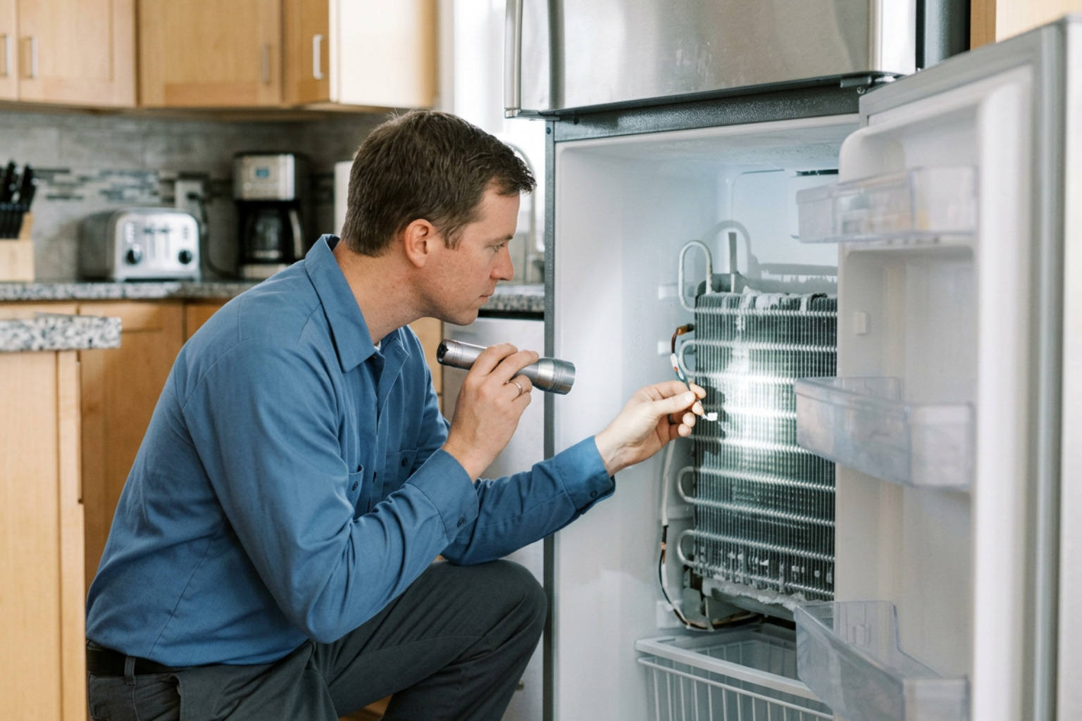 Technician inspecting freezer evaporator coils