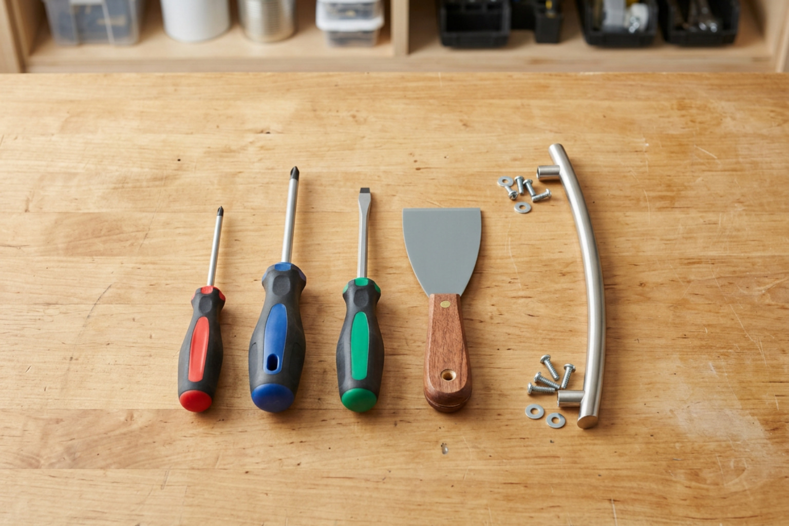 Tools laid out for refrigerator handle repair