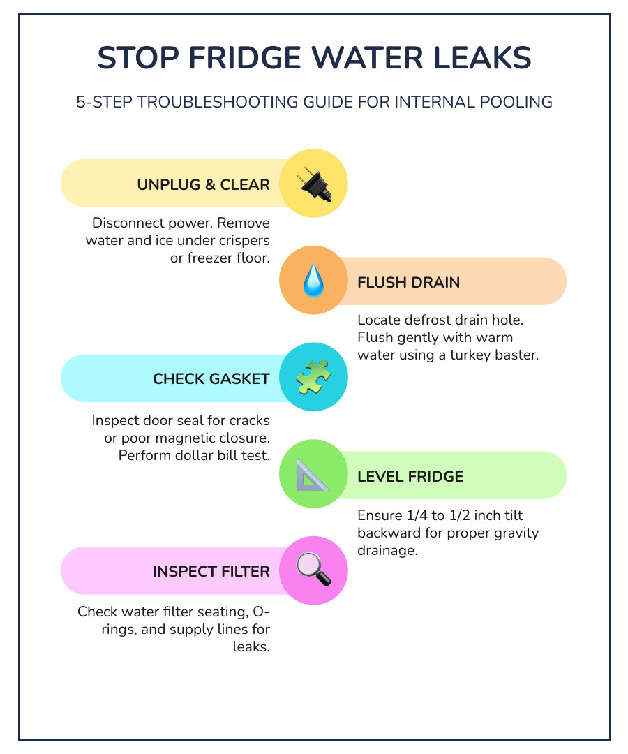 Infographic showing defrost drain blockage, condensation, gasket, filter, and leveling checks infographic