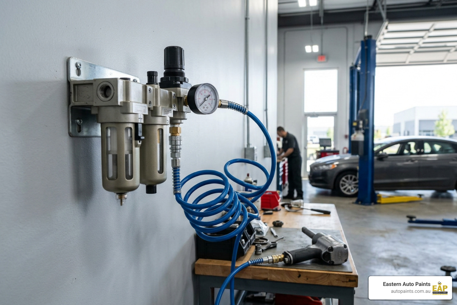 workshop airline filtration regulator and hose setup