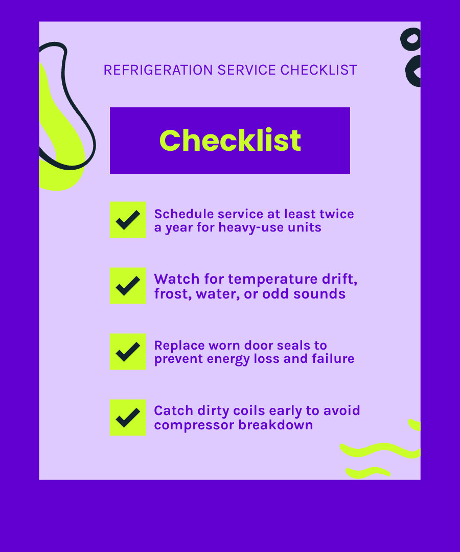 Commercial refrigerator service checklist: temperatures, coils, fans, drains, seals, and defrost infographic Commercial refrigerator service checklist: temperatures, coils, fans, drains, seals, and defrost infographic
