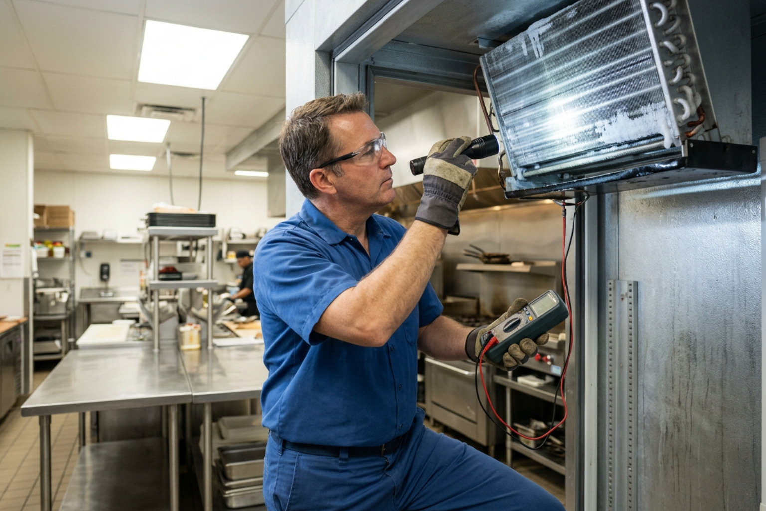 Technician checking commercial refrigeration evaporator coils Technician checking commercial refrigeration evaporator coils