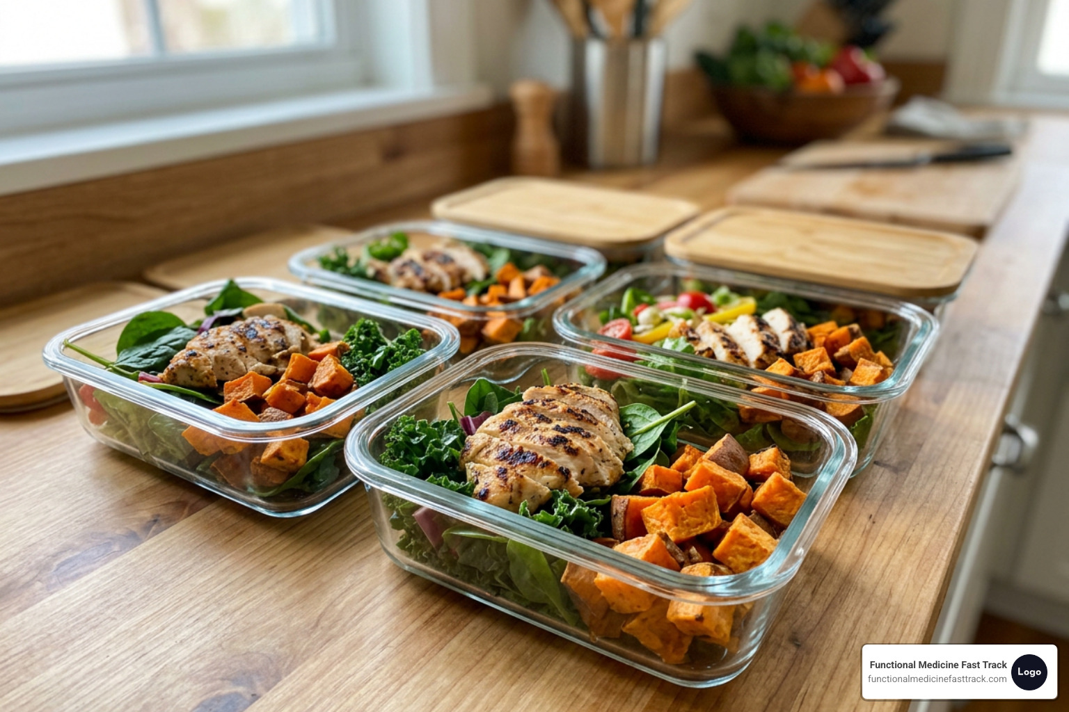 Glass meal prep containers filled with clean proteins, sweet potatoes, and leafy greens