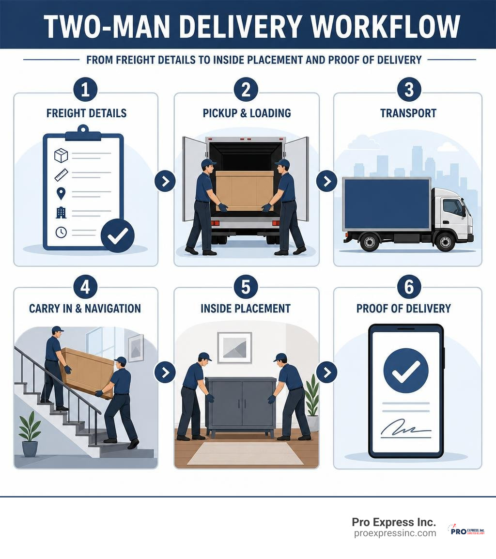 Two-man delivery workflow from freight details to inside placement and proof of delivery infographic