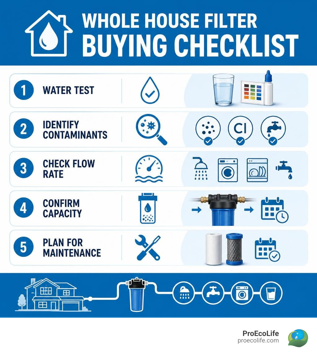 Whole house filter buying checklist: water test, contaminants, flow rate, capacity, maintenance infographic Whole house filter buying checklist: water test, contaminants, flow rate, capacity, maintenance infographic