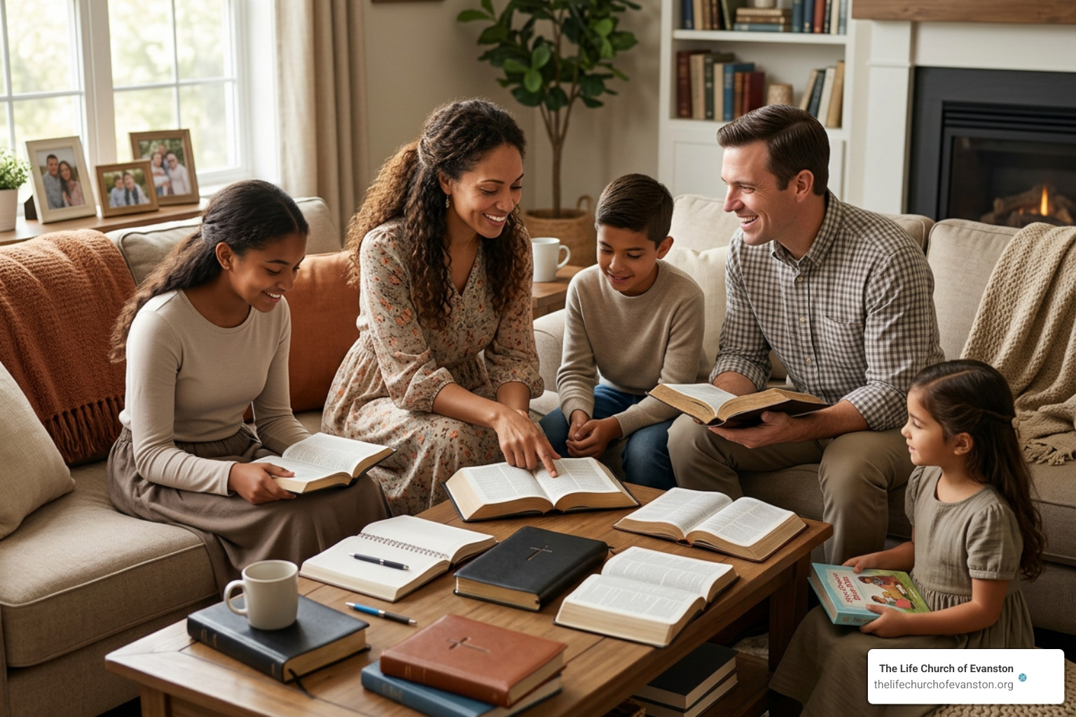 Diverse Apostolic family studying Scripture together at home with joyful reverence Diverse Apostolic family studying Scripture together at home with joyful reverence