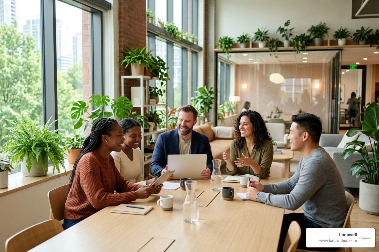 Diverse team collaborating in a bright modern wellness space Diverse team collaborating in a bright modern wellness space