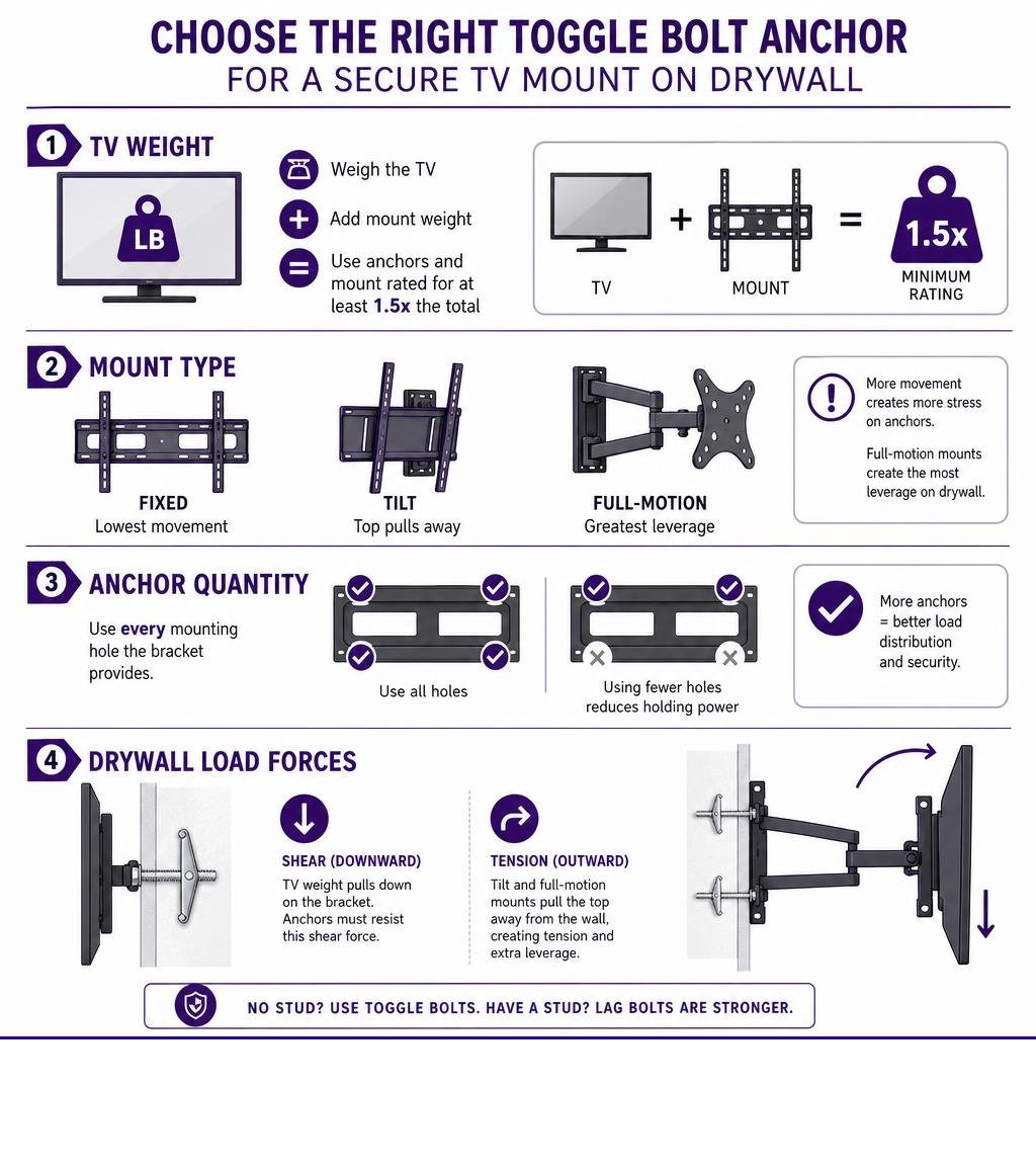 Infographic showing TV weight, mount type, anchor quantity, and drywall load forces infographic