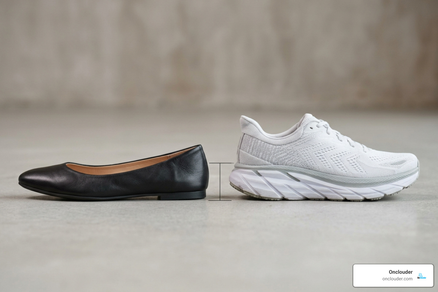 Comparison between stylish work flats and thick cushioned sneakers Comparison between stylish work flats and thick cushioned sneakers