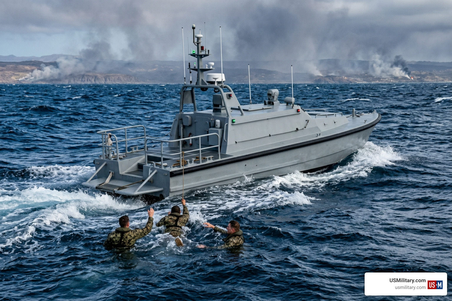 Unmanned surface vessel conducting search and rescue near a combat zone Unmanned surface vessel conducting search and rescue near a combat zone