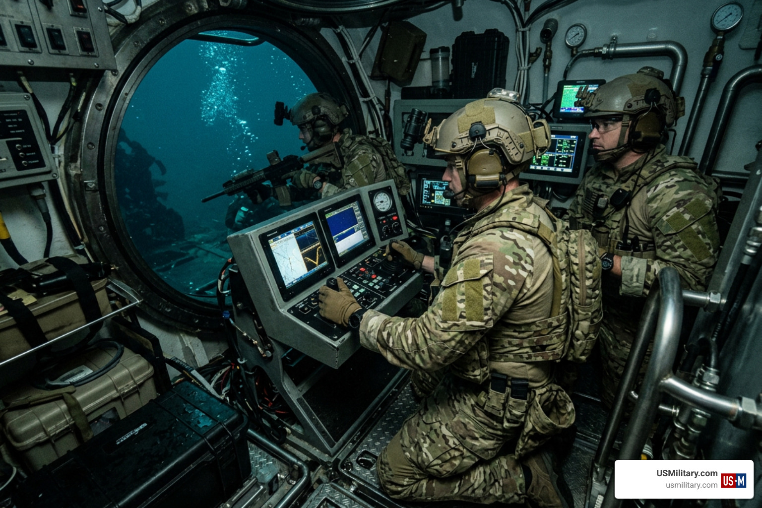 Navy SEAL team operating unmanned systems from a combat submersible Navy SEAL team operating unmanned systems from a combat submersible